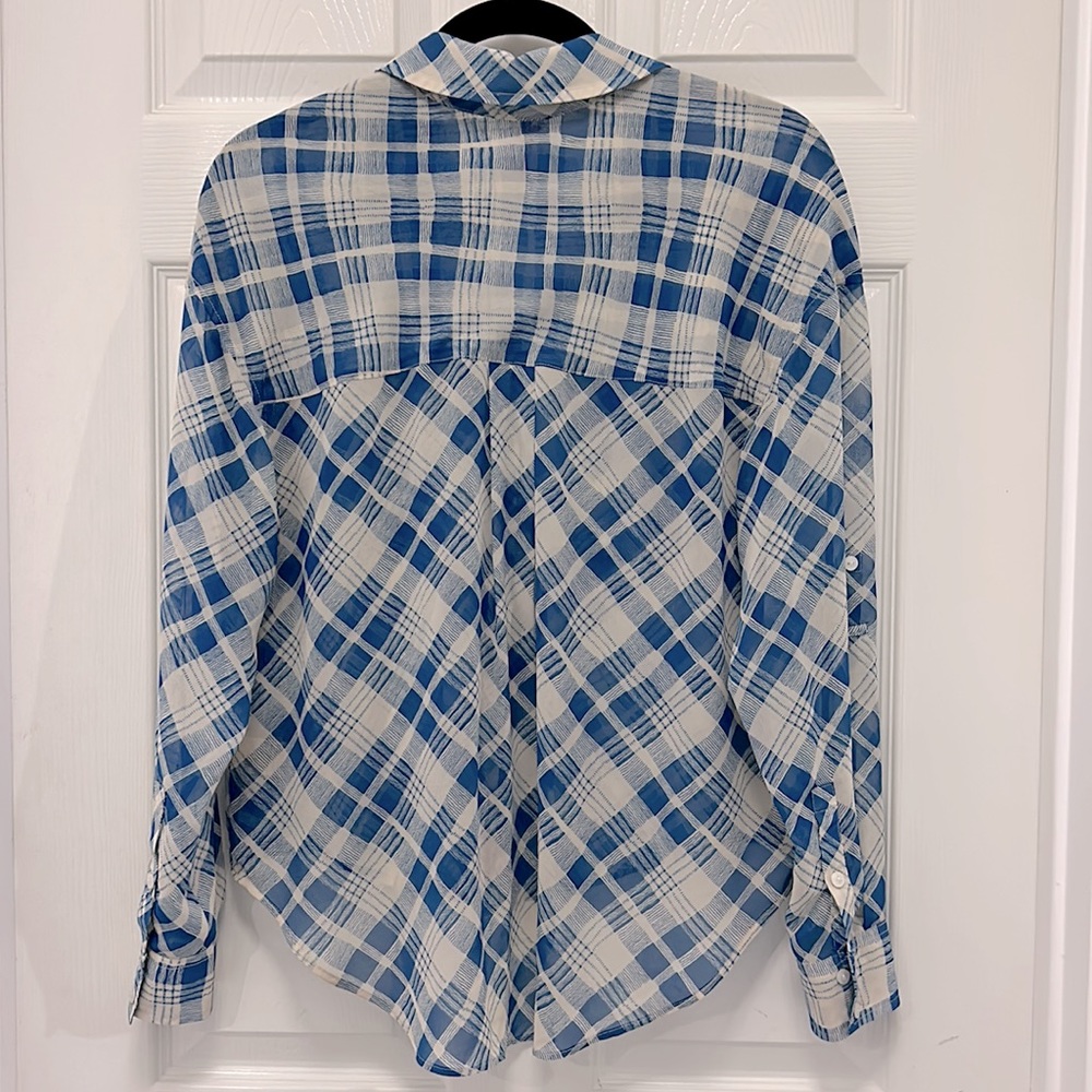 Free People Womens Top Sz XS/TP Easy Rider Sheer Blue Cream Checked Button Down - Picture 9 of 9